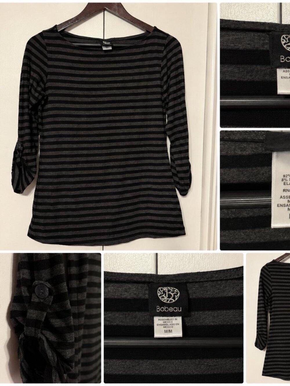 Bobeau Black & Gray Striped Top | Size Medium